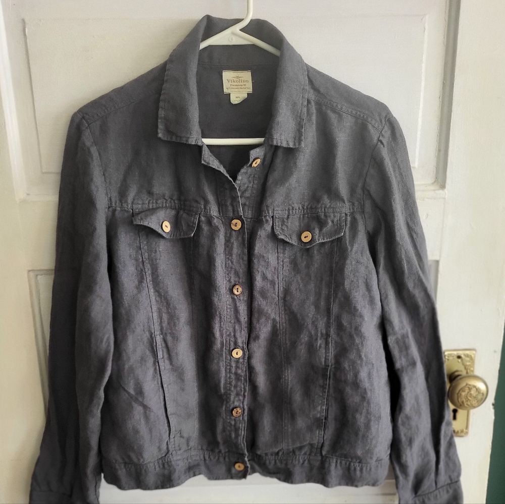 Vikolino 100% European Washed Linen Blue Grey Jacket w/Wooden Buttons Sz M/L